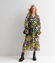 New Look Petite Black Floral V Neck Long Sleeve Midi Dress